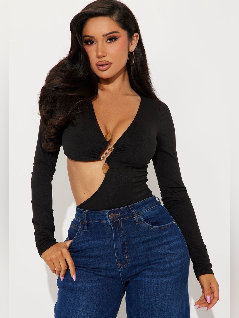 Fashion Nova Black Long-Sleeve Cutout Ring-Front Bodysuit